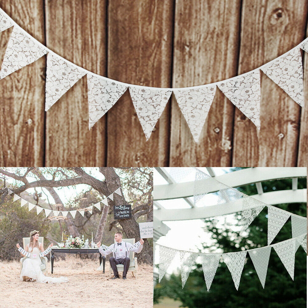 12 Flags 3.2m White Lace Flower Party Wedding Pennant Bunting Banner Decor @