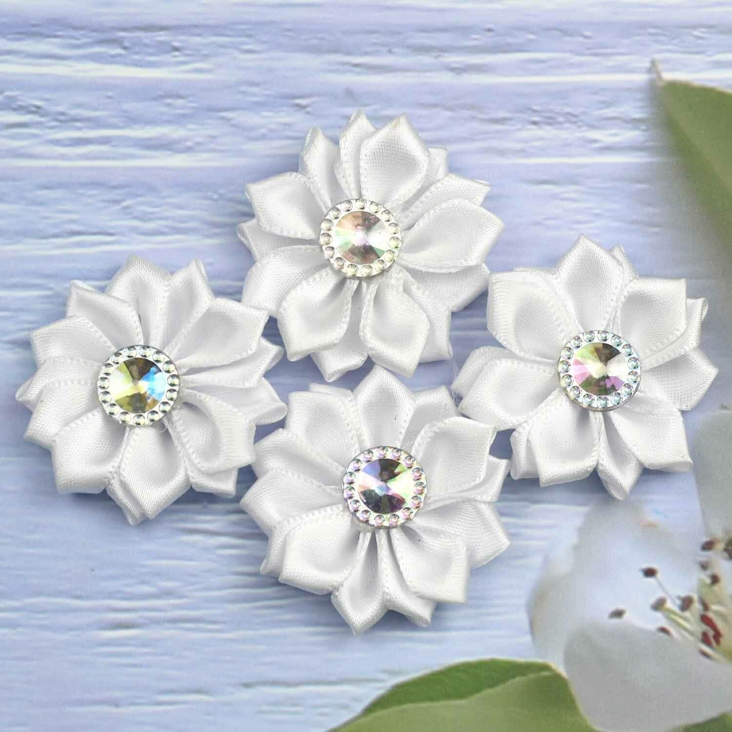 1.5" 10Pcs White Satin w/Rhinestone Flowers Ribbons Appliques Craft Supplies
