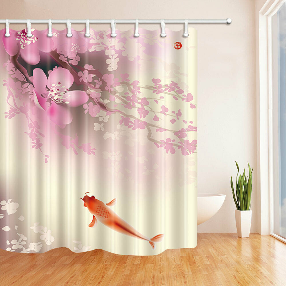 Pink Cherry Blossom and Carp Fabric Bathroom Shower Curtains & Hooks 71"