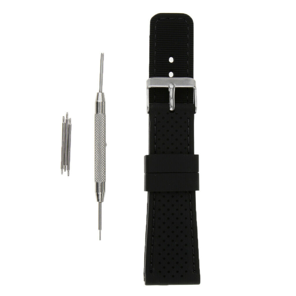 Soft 24mm Black Silicone Rubber Watchband with Stitch Line Black Stitch