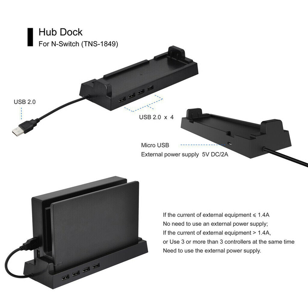 4-Port USB 2.0 Hub Dock Vertical Stand Ports for  Switch - Black