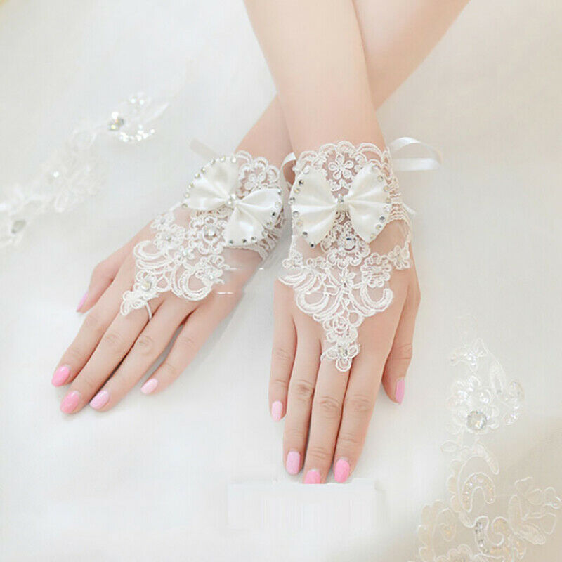 Short Lace Floral Rhinestone Bowknot Fingerless Wedding Party Bridal Glov.l8