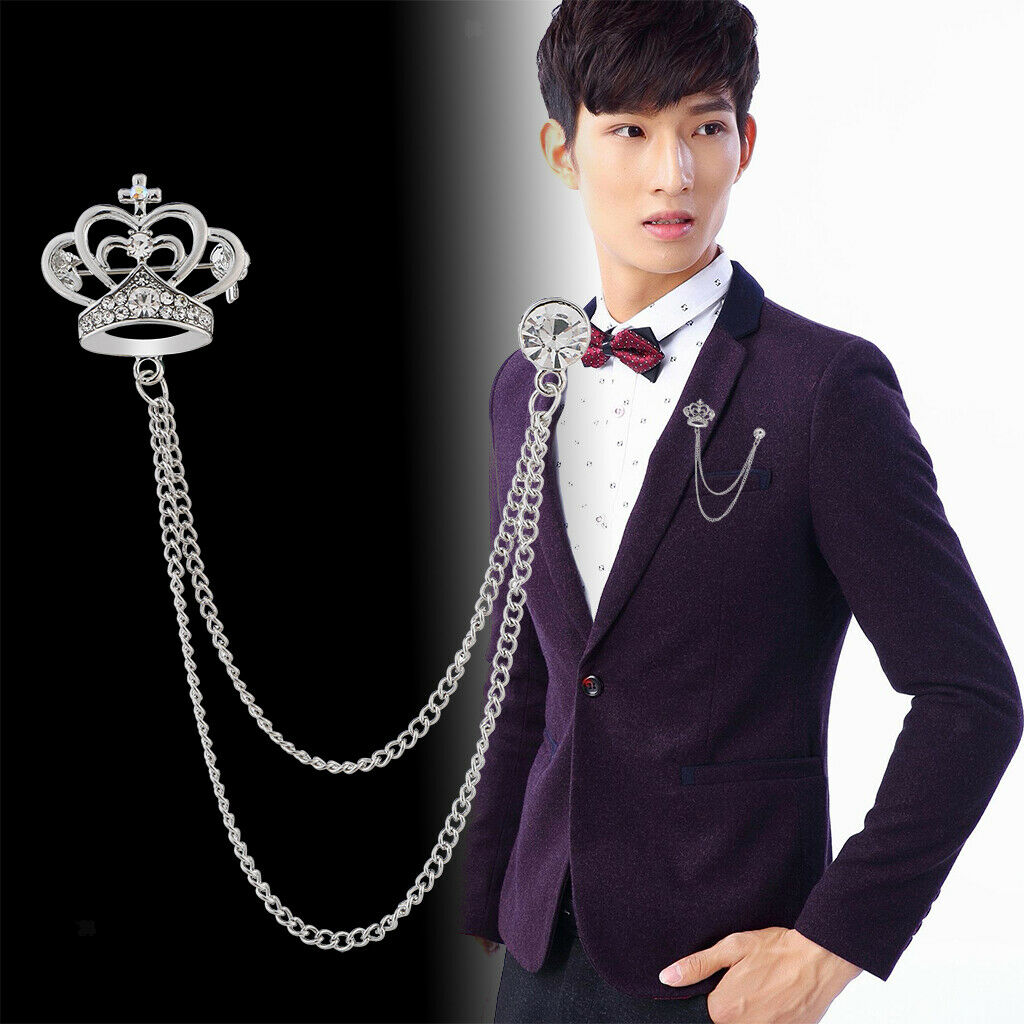 Mens Elegant Lapel Pin Badge 2 Layer Chain Brooch Pin for Suit Tuxedo 2Piece
