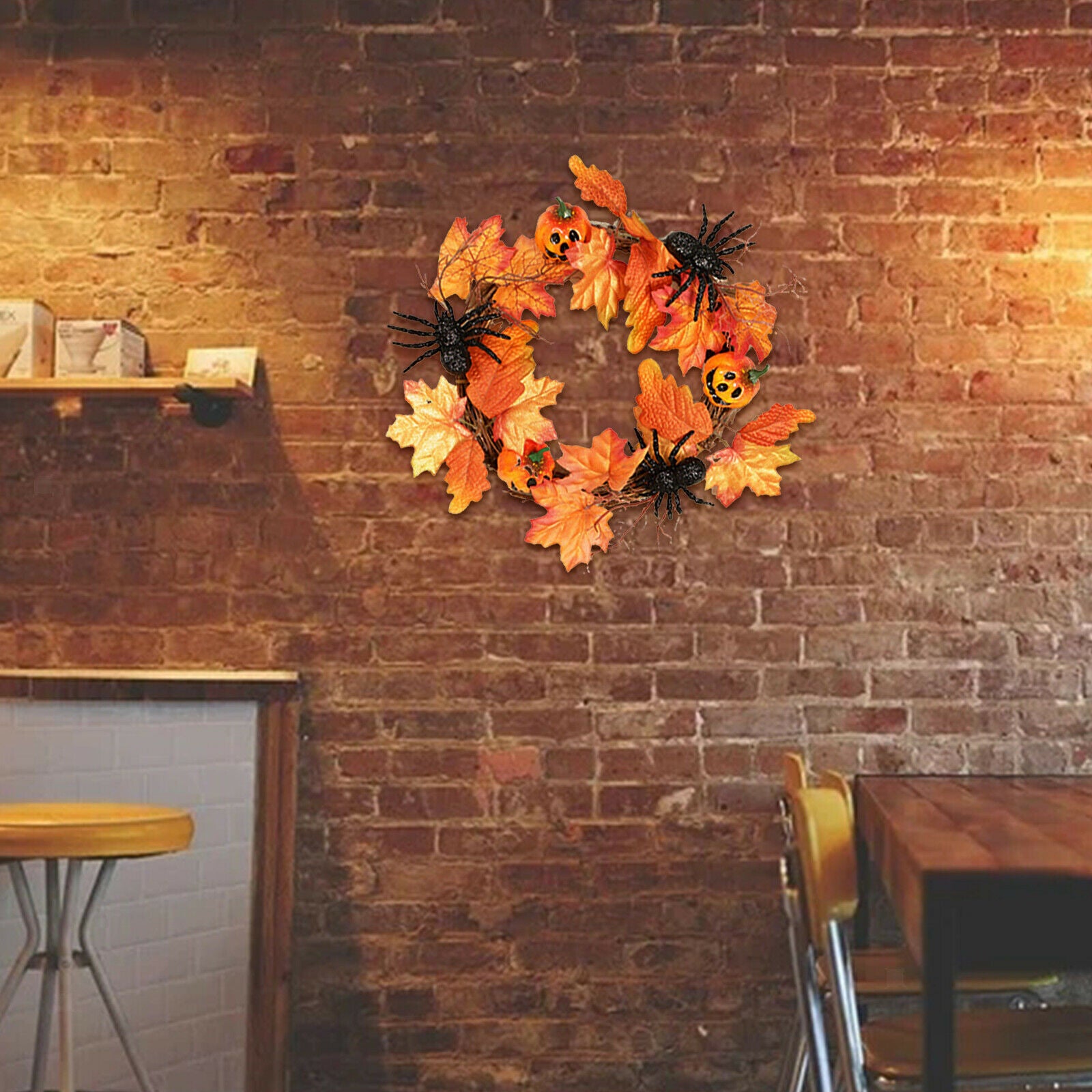 Round Autumn Maple Leaf Wreath Pumpkin Wreath Halloween Thanksgiving Decor