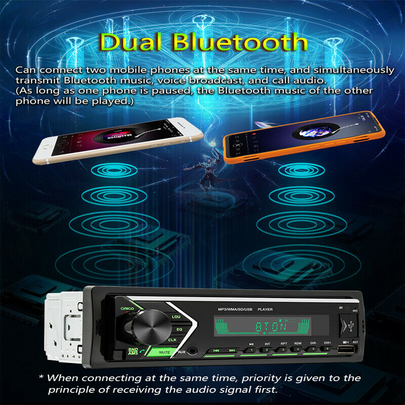 12V Car MP3 Player Audio In-Dash Bluetooth Hands-free FM Radio Colorful Lights