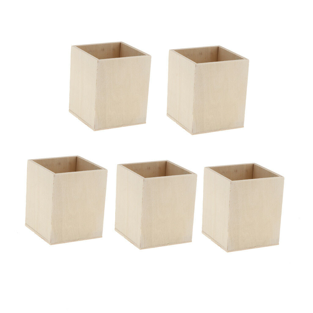 5x Blank Unfinished Wood Pen Container Holder Storage Box For Kids DIY Craft