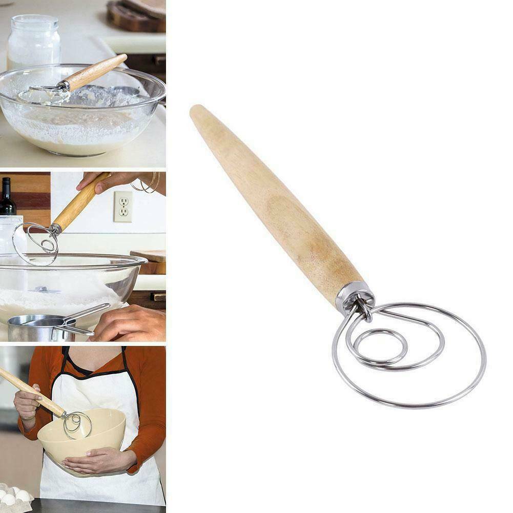 Practical Wooden Handle Stainless Steel Danish Dough Blender Whisk Baking Tool