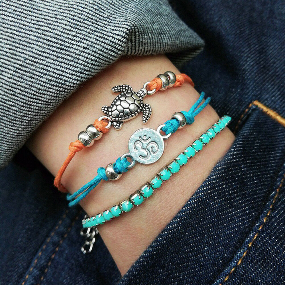 3PCS Women Boho Turquoise Turtle Ankle Anklet Bracelet Foot Chain Beach Jewelry