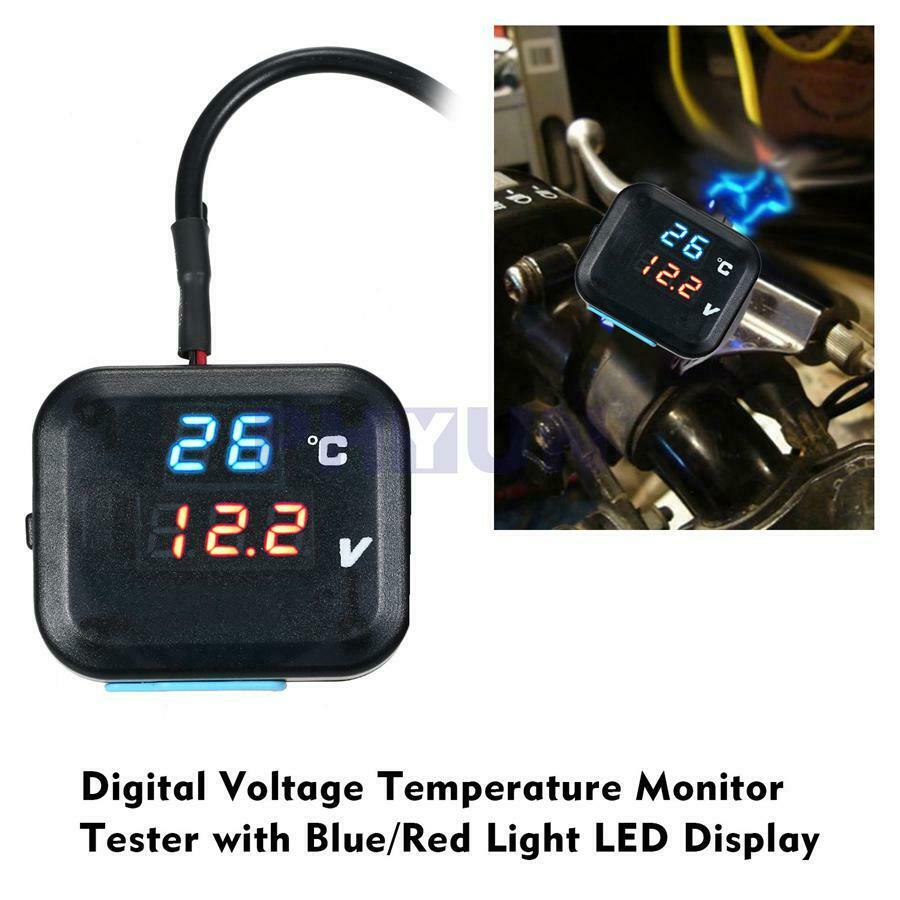 12V Motorcycle Digital Display Voltage Temperature Monitor Gauge w/ USB Charger
