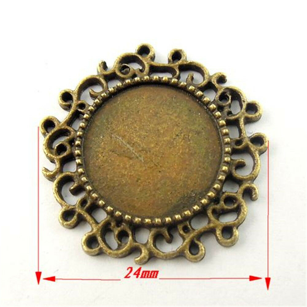 20 pcs Antiqued Bronze Floral Bezel Tray Round 14mm Base Setting Pendant Charm
