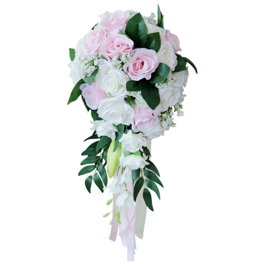 Wedding Hand Bouquet Bridal Holding Artificial Flowers White + Pink