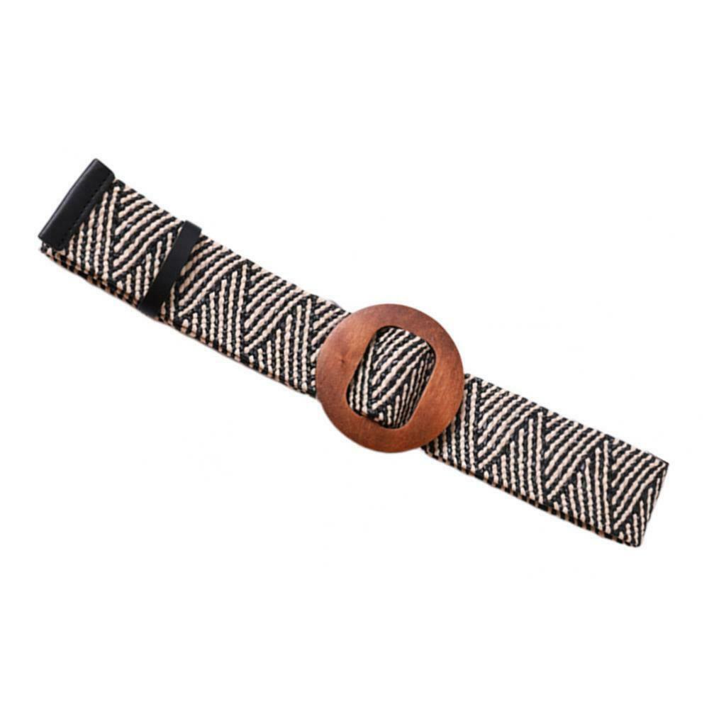Women Braided Straw Waistband Cinch Belt with Round Wooden Buckle Stripe