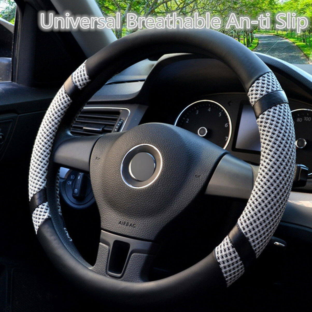38cm / 15'' Ice Silk Grey Microfiber Leather Car Steering Wheel Cover Breathable