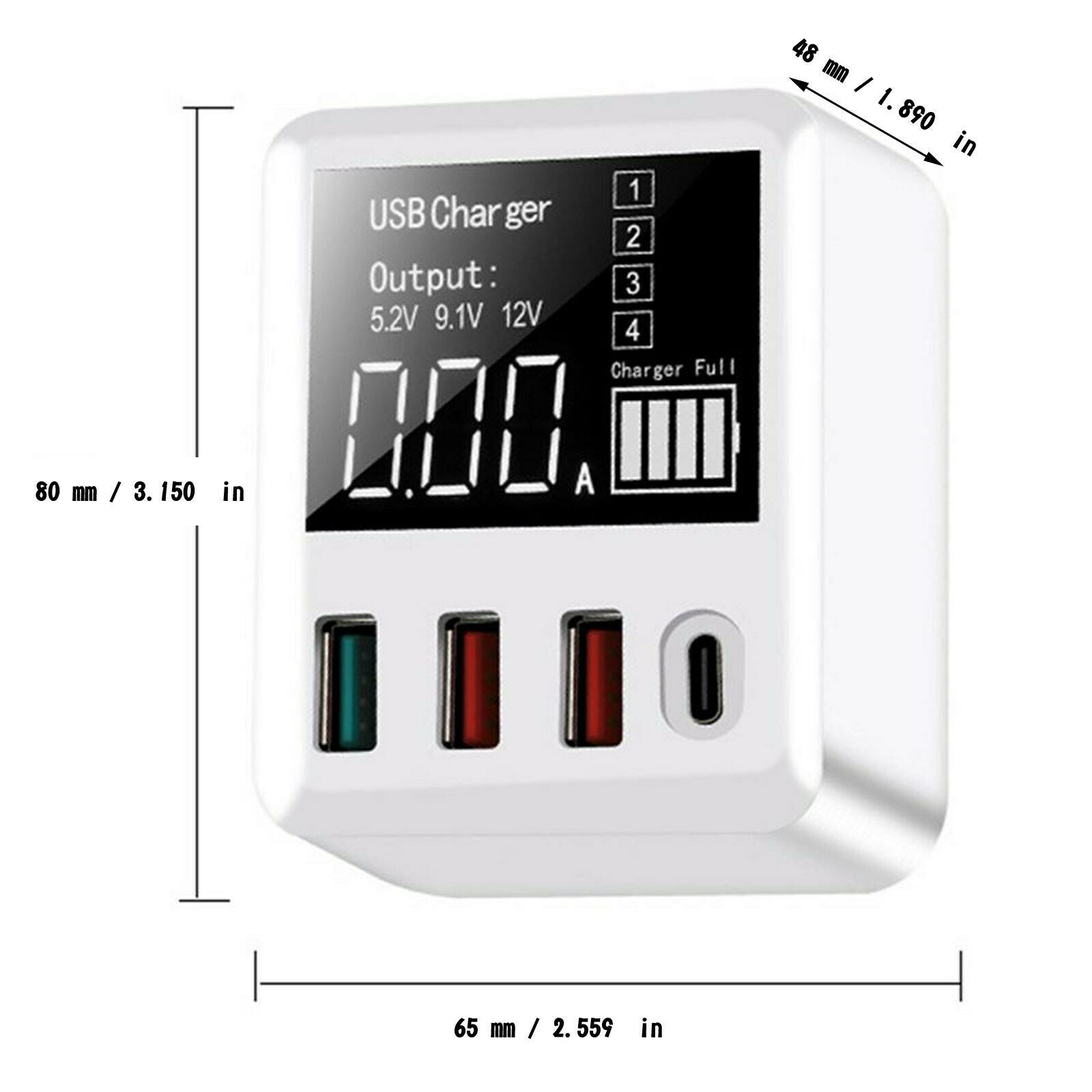 40W 4-Port Charging Hub QC 3.0 USB Port PD LED Display Wall Charger US Plug CA