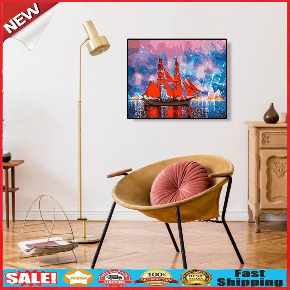 Oil Painting By Numbers Kit DIY Red Sailboat Hand Painted Digital Canvas @