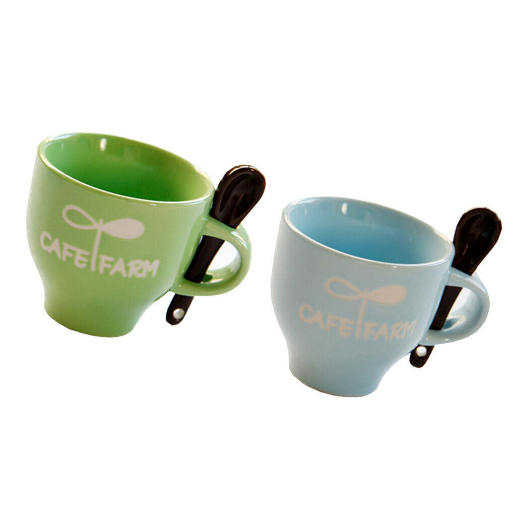 Set of 2, Mini Ceramic Coffee Mugs Espresso Cups w/ Spoon 4oz Green Blue