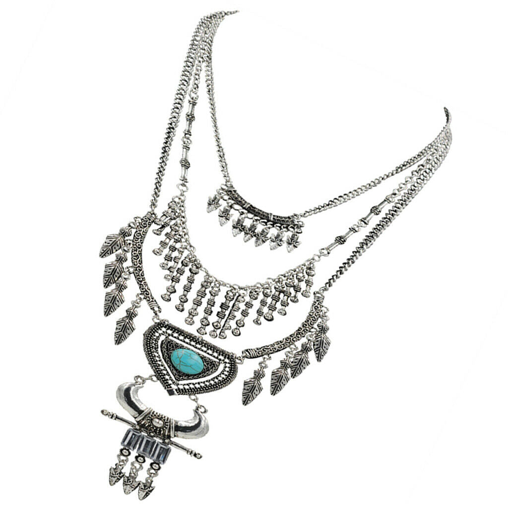 Retro multi-layer leaf arrow fringe heart-shaped turquoise horn necklace