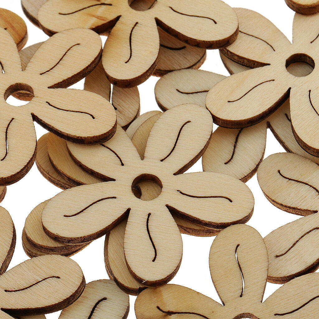 40pcs Unfinished Wooden Flower Embellishments for DIY Kids Wood Craft 35mm