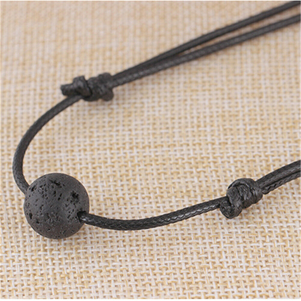 Women Men Natural Lava Stone Bead Diffusion Pendant Black Leather Cord Necklace