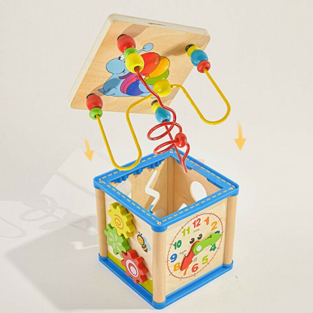 Wooden 5-Sided Activity Center with Beads Mazes, Gears, Shape Sorter Blocks,