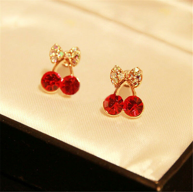 Women's Sweet Charm Crystal Cherry Bowknot Stud Earrings Rhinestone EarrinLDU Qx
