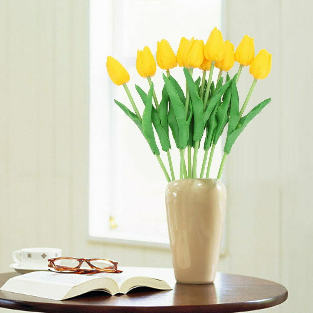 10pcs PU Tulips Artificial Flowers Bouquet Wedding Home Decor Props (Yellow @