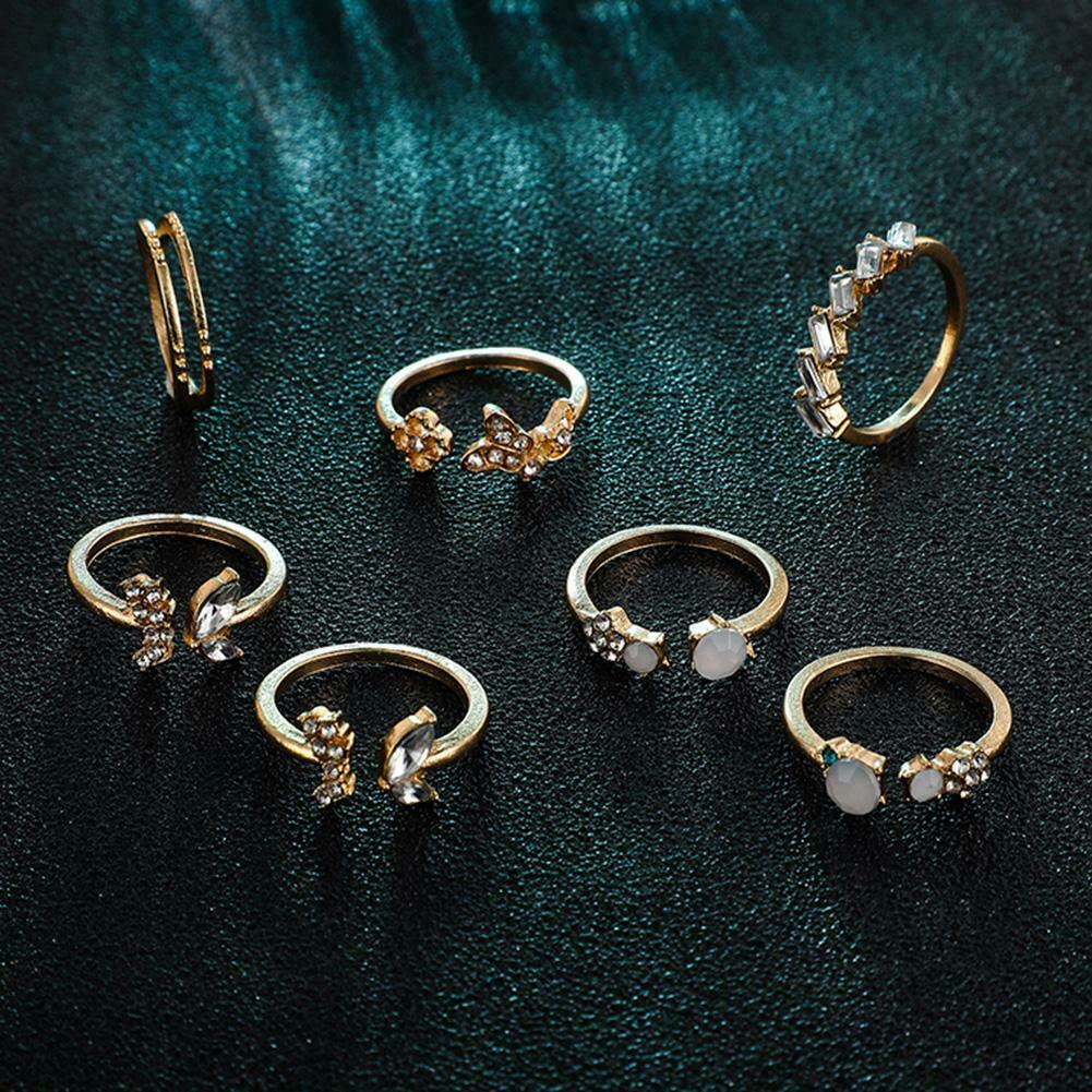 7pcs/set Rhinestone Butterfly Flower Ring Women Open Knuckle Rings Jewelry @