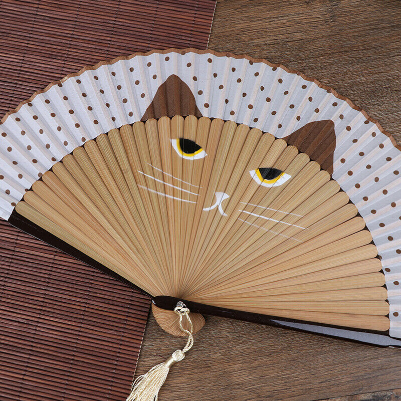 Summer Bamboo Folding Fan Hand Held Cartoon Cat Baking Varnish Fan Pocket Gif Tt
