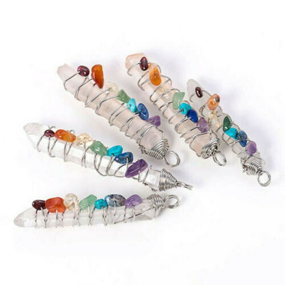 Natural Healing Crystal 7 Chakra Stone Wire Wrap Reiki Quartz Pendulum Pendant