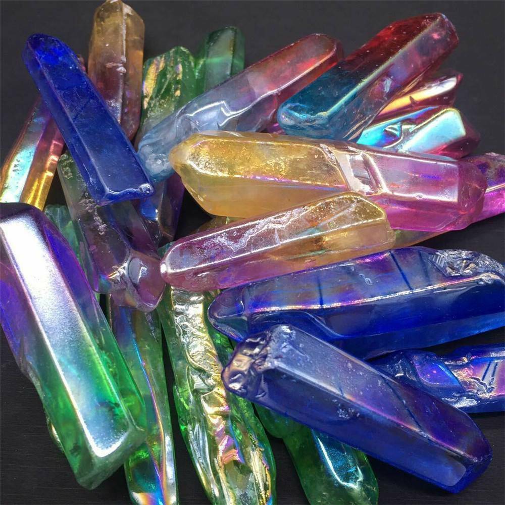 Lot Titanium Rainbow Aura Lemurian Quartz Crystal Point Healing Stone Decor