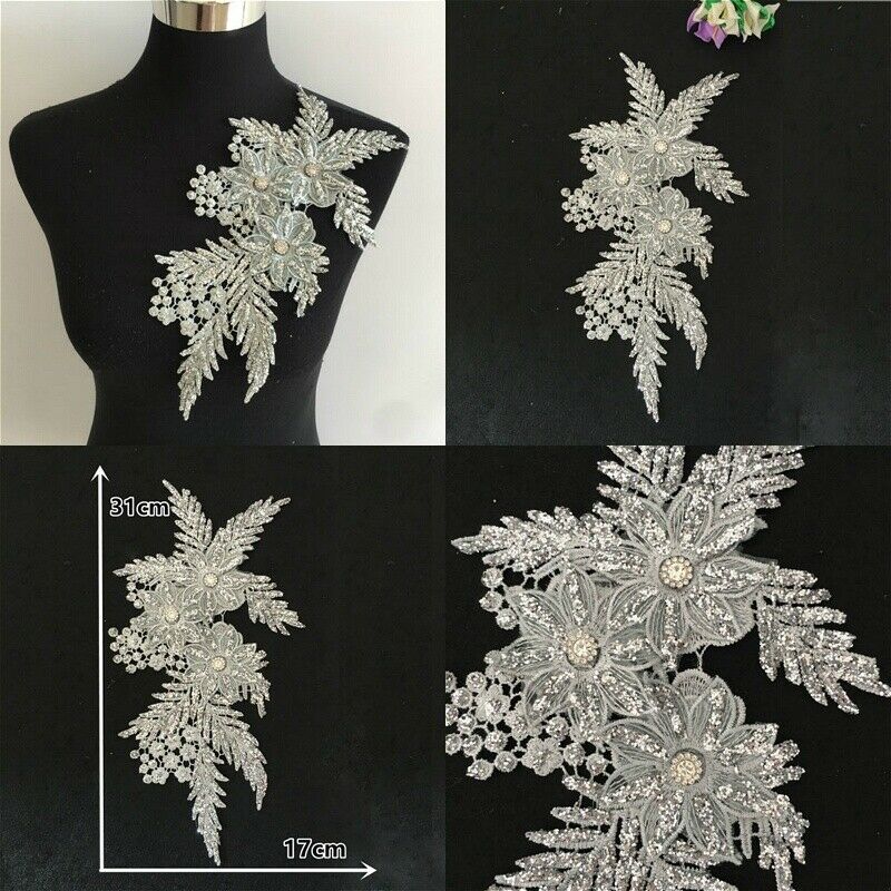 Floral Patch Applique Lace Embroidered Glitter Shiny Crystal Sewing Dress Sliver