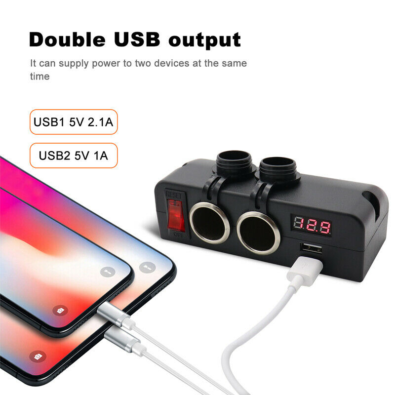 LED 12/24V Car Truck Fast Charger Socket Dual USB Port Voltmeter w/Rocker Switch