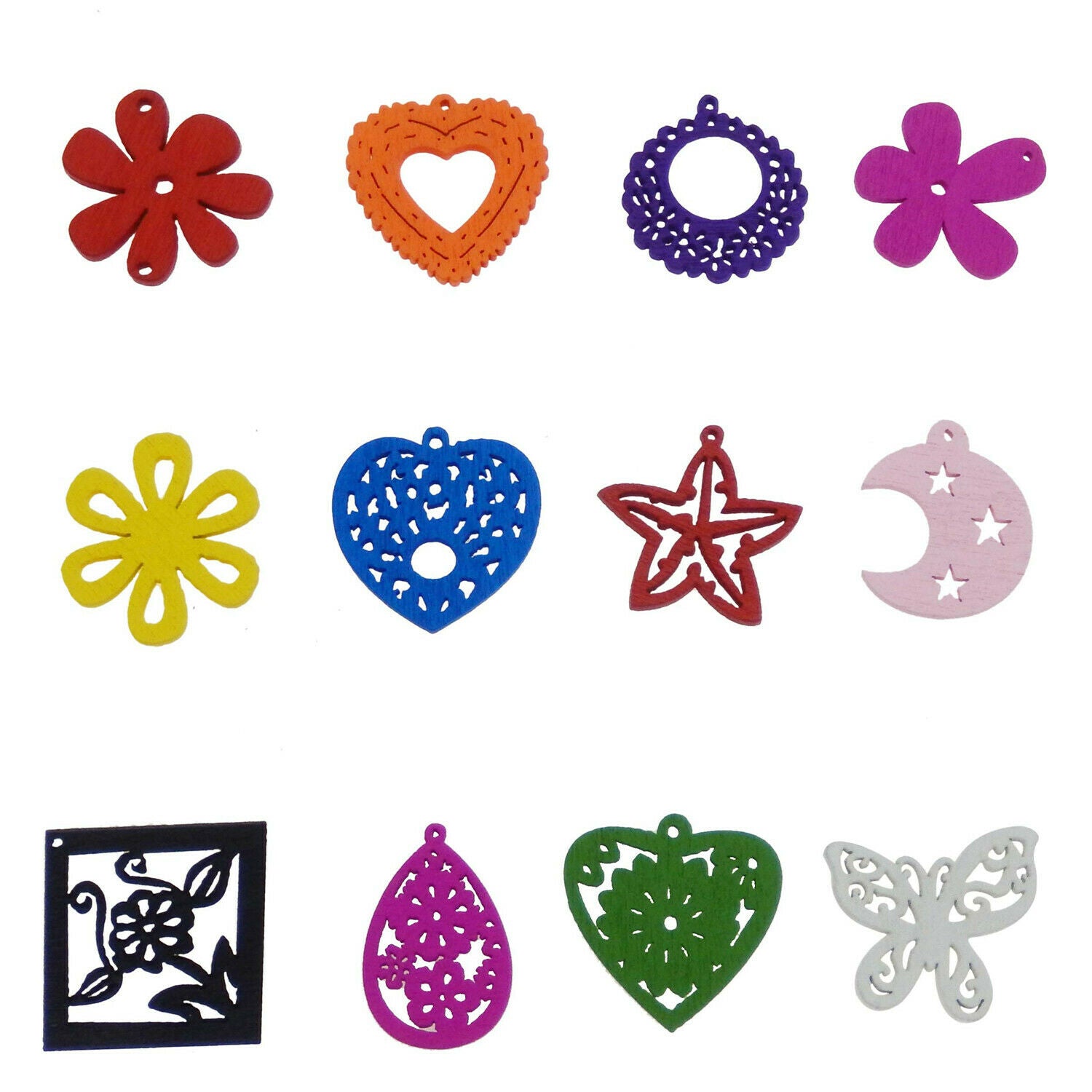 Lot of (x100) Assorted Mix Kinds Wooden Flowers Peace Signs Pendants Charms