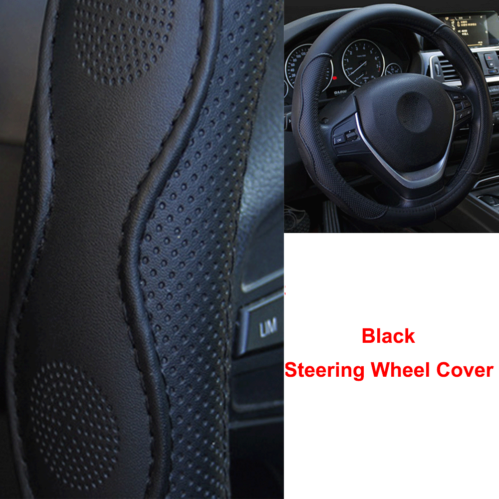 Black PU Leather Embossed Car Steering Wheel Cover Four Season Protector 37-38cm