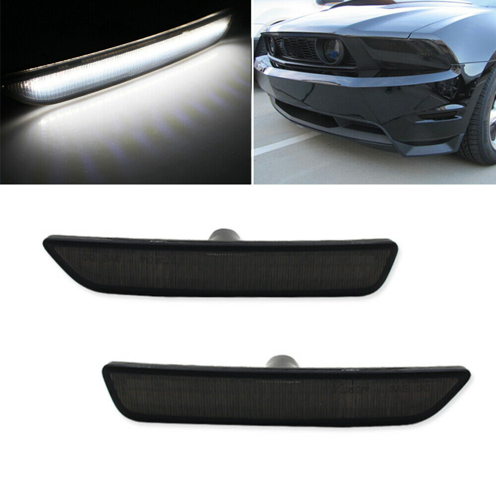 For 2010-2014 Ford Mustang White LED Front Bumper Side Marker Lights Smoke Lens