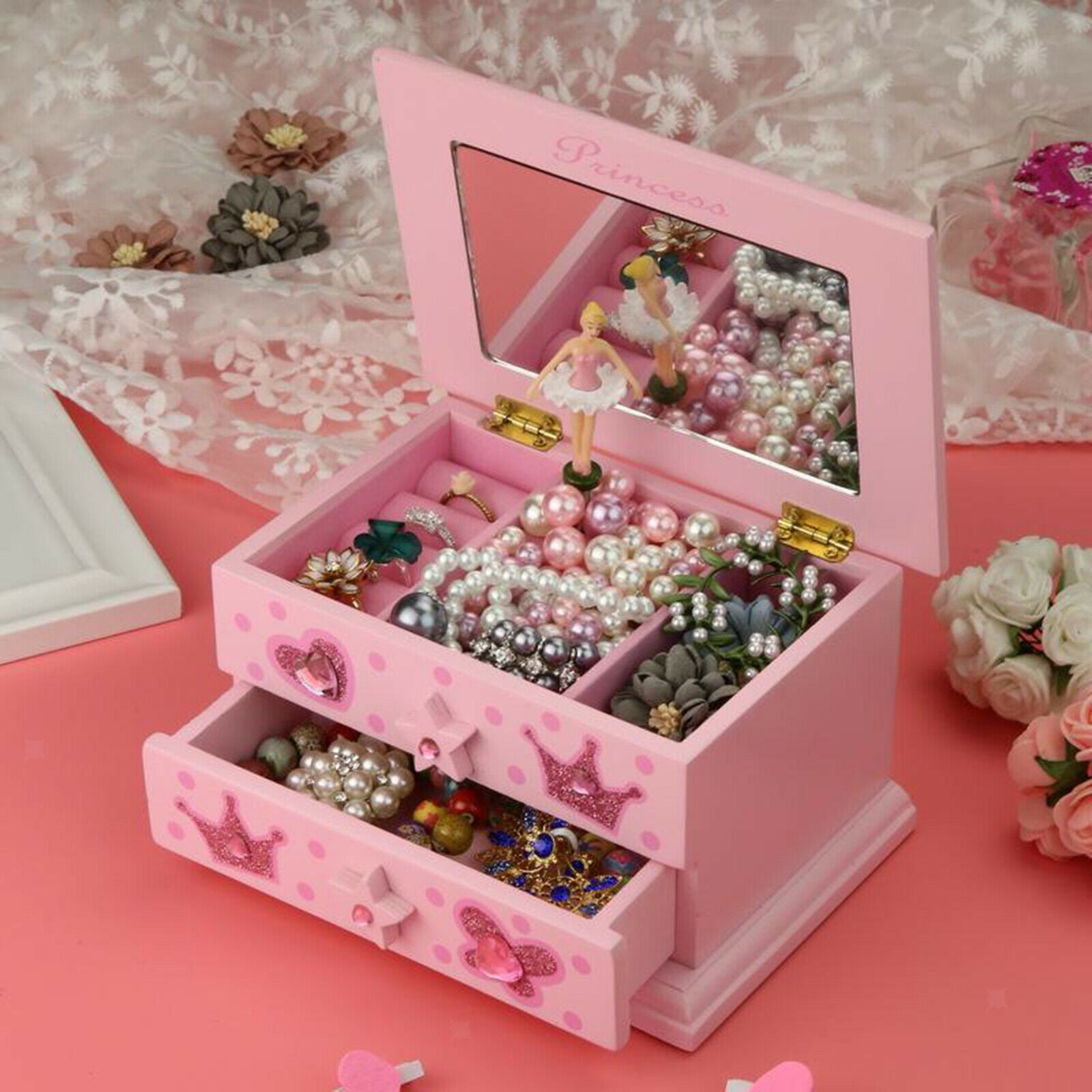 Princess Music Jewelry Box Ring Storage Compartment Organizer Decorative