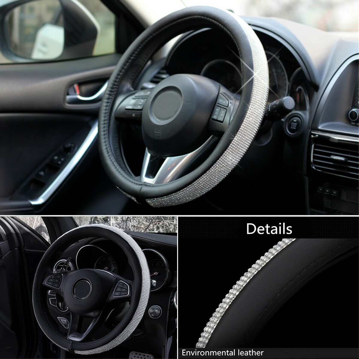 15''Luxury Bling Bling Rhinestone Plush PU Leather Car Steering Wheel Cover
