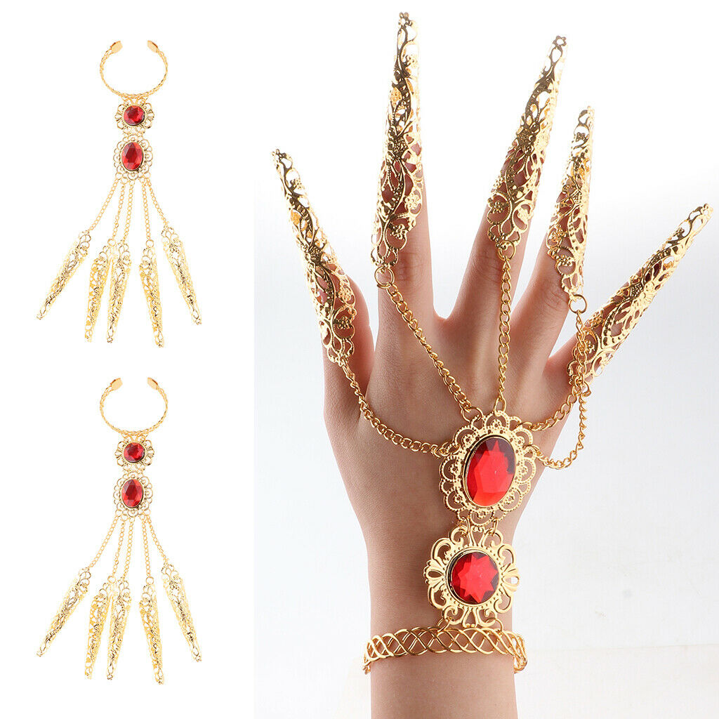 1 Pair Belly Dance Gypsy Egyptian Bracelet Finger Nails Red Gem Hand Jewelry