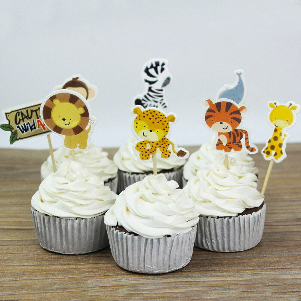 24pcs Cake Dessert Inserted Card with Zoo Animal Elephant Lion Pattern @
