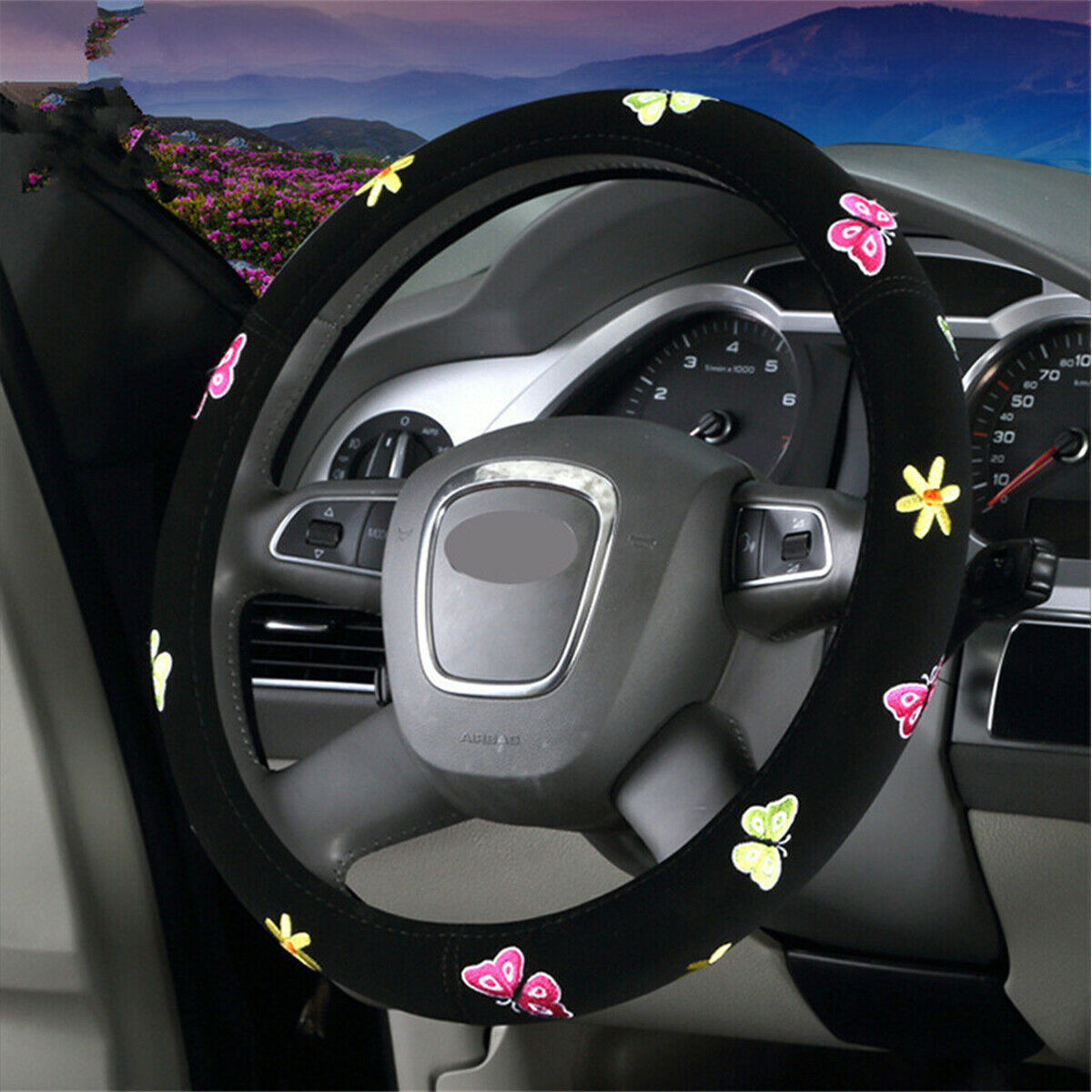 38CM  Black Embroidery Car Steering Wheel Cover Suitable for women girl