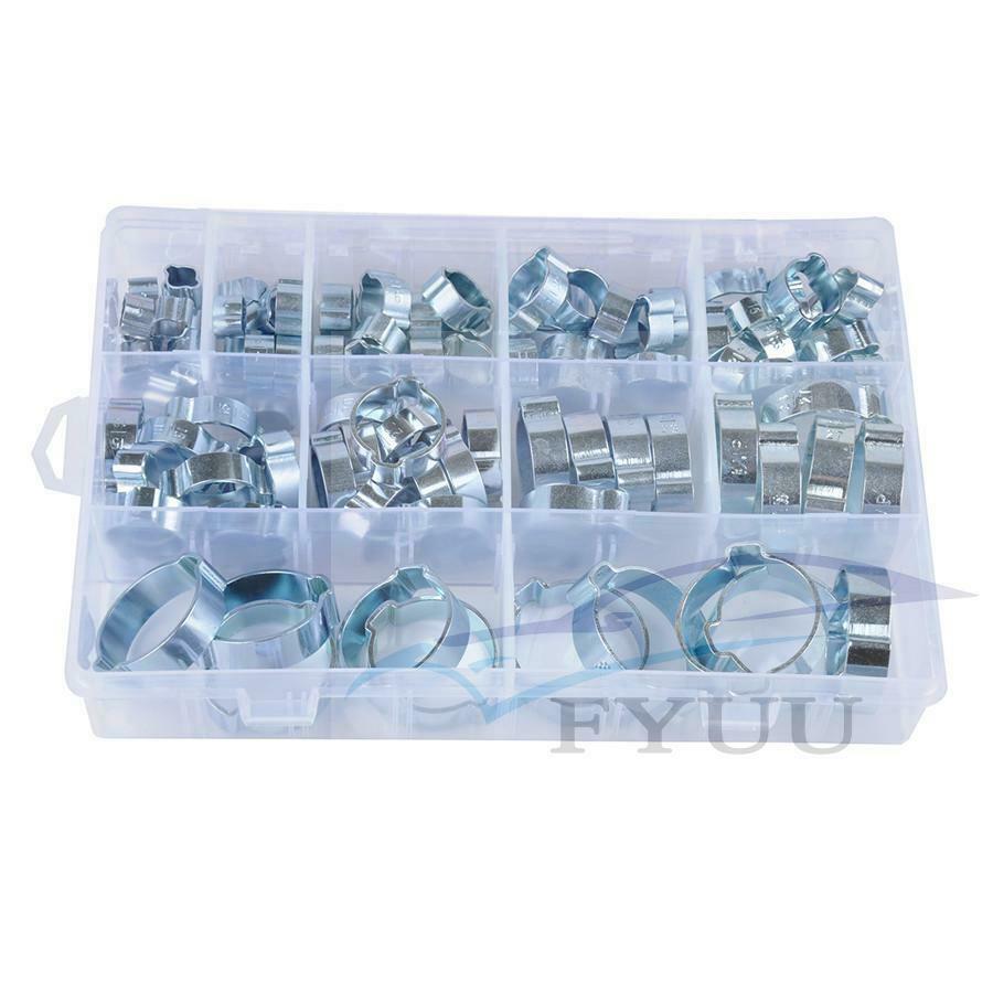 100X Double Ear Hose Clips Water Fuel Air Clamps 5-31MM Zinc Plated Box + Pliers