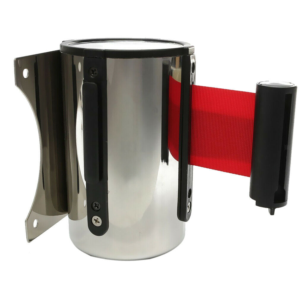 5m Security Queue Barrier Strap Auto Retracting with Strips Wall Fixed Red