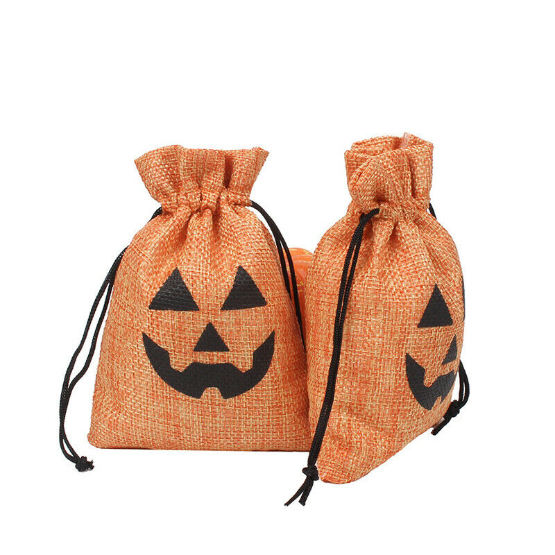 5Pcs 9*12cm Halloween Drawstring Burlap Jute Bags Pumpkin Candy Storage B EA Ad