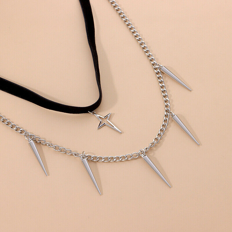 Fashion Punk Double-layer Cone Pendant Necklace Choker Jewelry Accessori.l8
