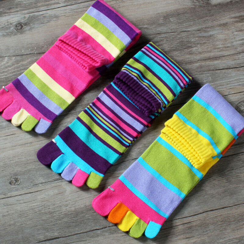 Womens Toe Socks 3 Pairs Cotton Rainbow Stripe Knee High Five Finger Socks Ankle
