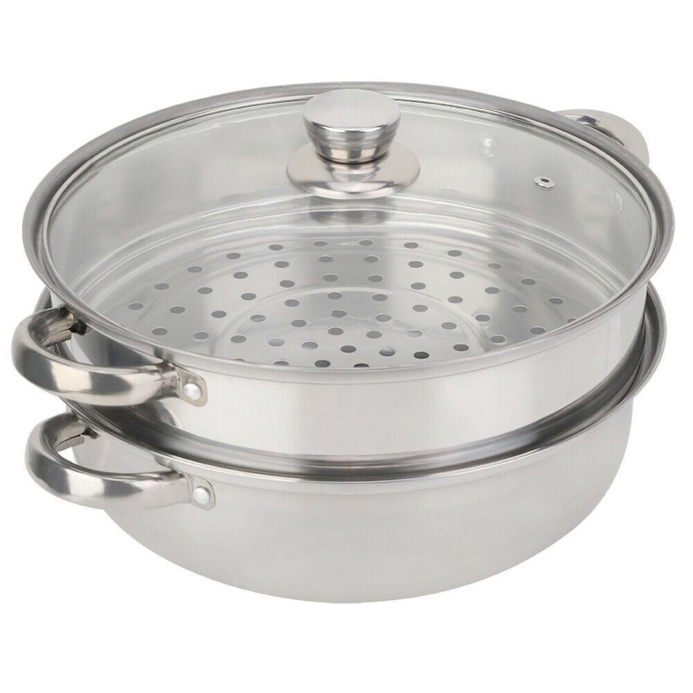 2-Layer Steamer Cooker Steam Pot Stainless Steel+Glass Lid Kitchen Cookware Tool