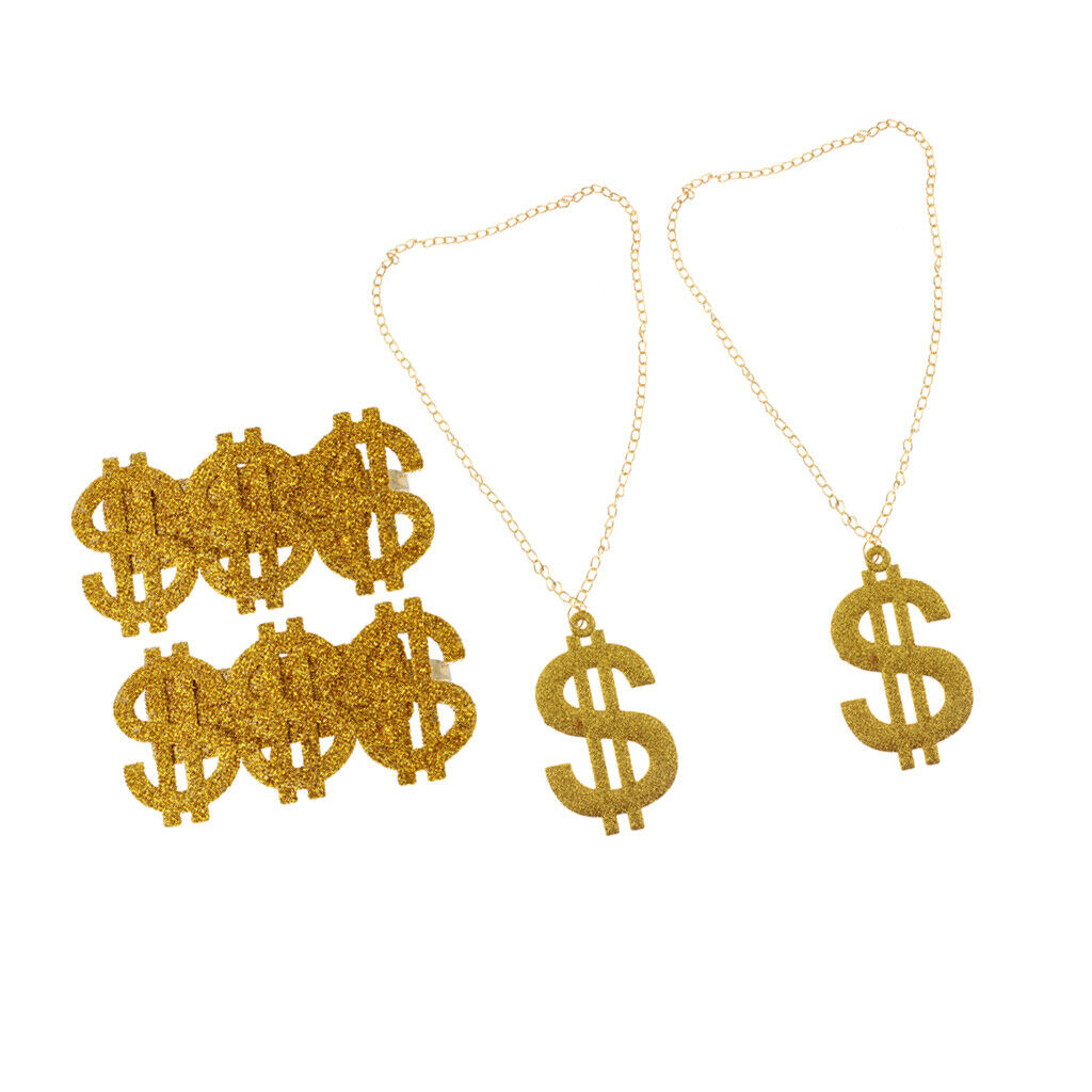 Set of 4 Pieces Glitter Dollar Signs Ring Necklace 70s 80s Rapper Big Daddy