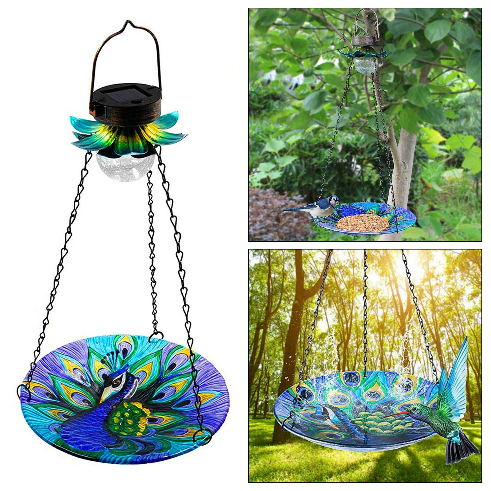 Outside Hanging Solar Bird Feeder Metal Flower Decorative Landscape Lighting