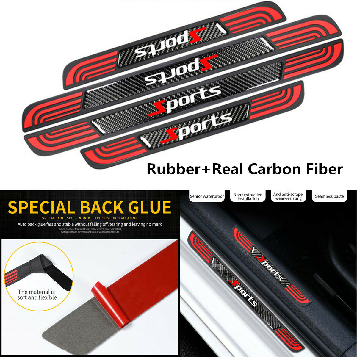 4x Rubber+Real Carbon Fiber Car Door Scuff Sill Panel Anti-Scratch Protect Cover