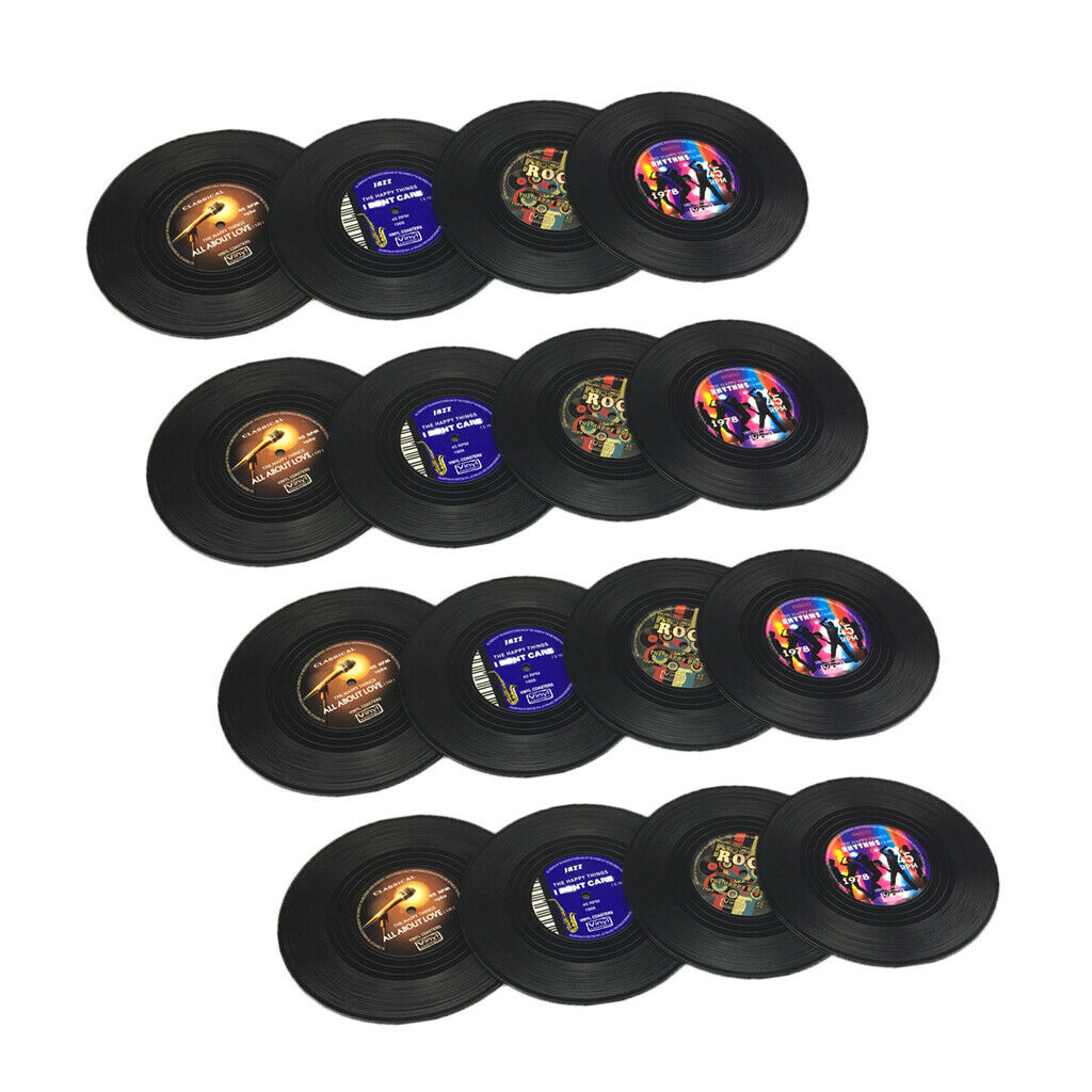 Set of 16, Drink Cup Mat Silicone Coaster Black Vinyl Record 10cm Gift